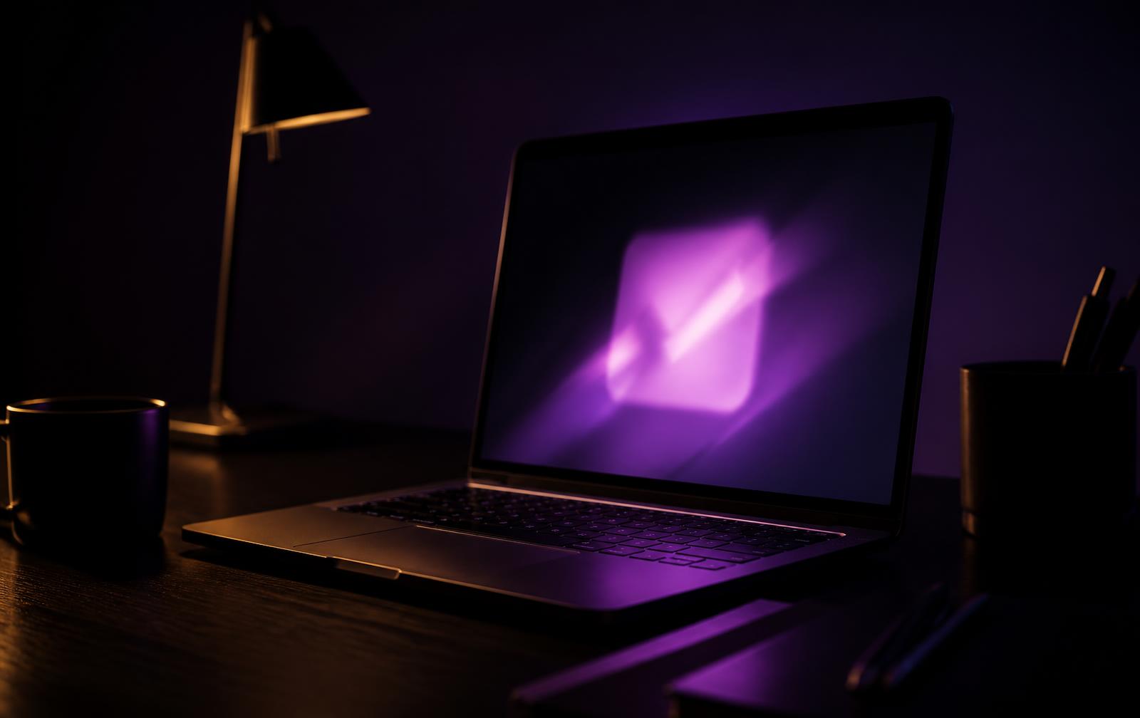 Late-night desk with a laptop glowing as an app goes live